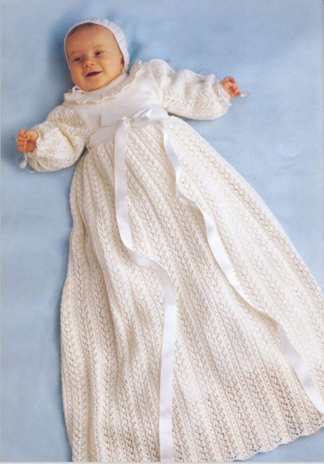 CHRISTENING SET Baby Christening Gown Dress and Cap Knitting Pattern ...