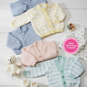 May include: A collection of baby cardigans in various pastel colors, including blue, yellow, pink, and mint green. Some cardigans feature horizontal stripes. The image also includes a white teddy bear, baby shoes, and a wooden toy.