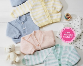 May include: Five knitted baby cardigans in light blue, yellow and white stripes, solid light blue, solid pale pink, and mint green and white stripes. Includes a small white teddy bear, a pair of white booties, a wooden ring toy, and a star-patterned cloth.