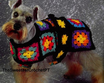 Granny squares dog coat crochet pattern + 1 OFFER, Dog sweater crochet pattern Size: 15" long Vintage 90's Worsted yarn INSTANT DOWNLOAD Pdf