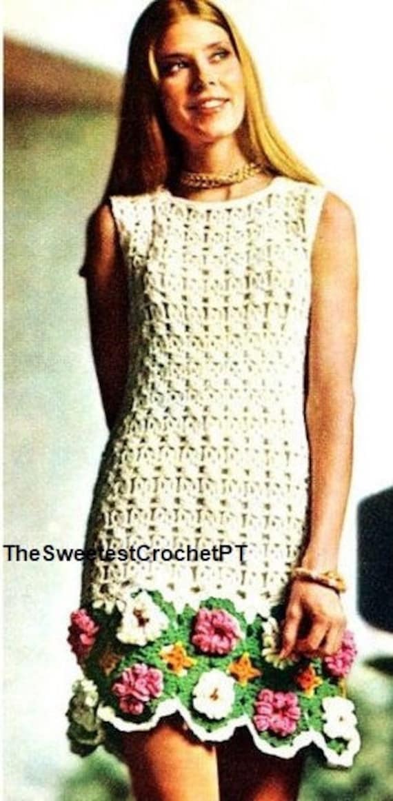 CROCHET DRESS PATTERN Womens flower crochet summer dress Vintage 60's Sizes  S-M Worsted 10 ply yarn Instant download Pdf