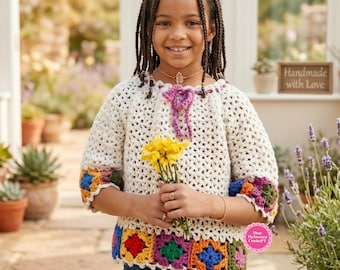 Girls crochet sweater pattern Granny squares top tunic Sizes 6-12 Aran 10 ply yarn Vintage 70's INSTANT DOWNLOAD PDF