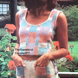 Women’s shorts and crop top crochet pattern Summer set with pockets Easy PDF crochet pattern Sizes: S-L Thread 10 ply Vintage 70&#39;s