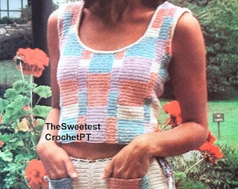 Women’s shorts and crop top crochet pattern Summer set with pockets Easy PDF crochet pattern Sizes: S-L Thread 10 ply Vintage 70's
