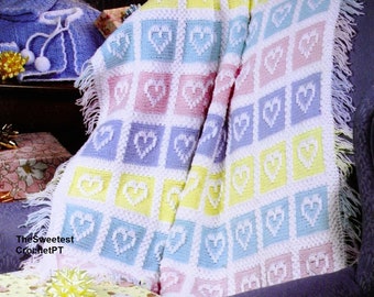 Baby Hearts Blanket Crochet pattern Heart Baby Afghan Worsted 10 ply yarn Vintage 90 INSTANT DOWNLOAD PDF