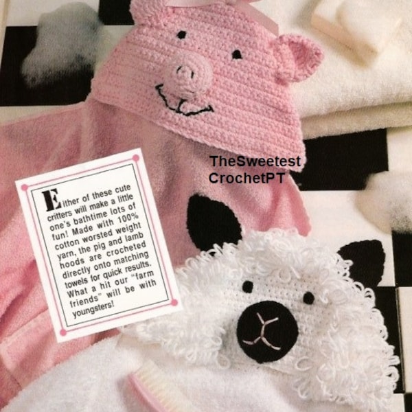 Pig and Lamb Hooded baby towels crochet pattern Child animal patterns Easy crochet pattern Worsted 10 ply yarn INSTANT DOWWLOAD PDF