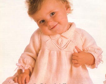 Baby girl's dress knitting pattern Dress with leaf motifs Fingering 4 ply yarn 4 sizes: 3 months-2 years Vintage 70s INSTANT DOWNLOAD PDF