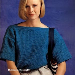 Easy crochet sweater pattern Women&#39;s short sleeve pullover Beginner friendly 4 sizes Bust 32-38&quot; Vintage 80s INSTANT DOWNLOAD PDF