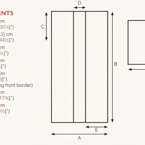 Pu&ograve; includere: Diagramma che mostra le misure di un pezzo di tessuto. Il tessuto &egrave; diviso in sezioni etichettate A, B, C, D, E, F e G. Le misure sono date in pollici e centimetri.