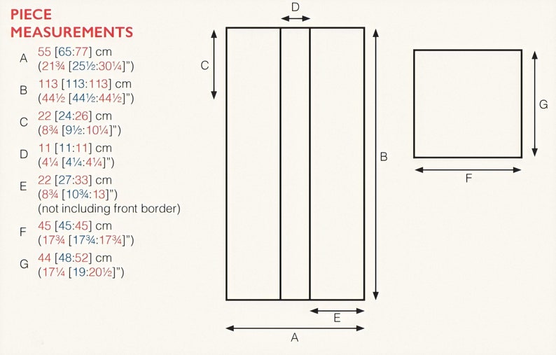 Pu&ograve; includere: Diagramma che mostra le misure di un pezzo di tessuto. Il tessuto &egrave; diviso in sezioni etichettate A, B, C, D, E, F e G. Le misure sono date in pollici e centimetri.