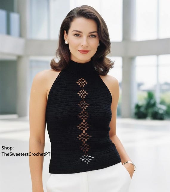 6 COTTON CROCHET HALTER TOP キャミソール ブラック 70s Crochet Halter Top Pattern PDF Diamond Sleeveless Design 4