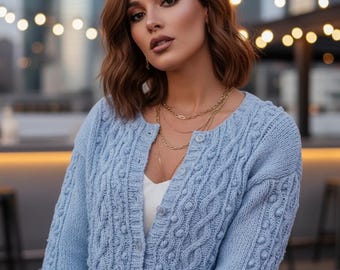 Womens round neck aran Cardigan sweater knitting pattern Ladies cable cardigan pattern 3 Sizes 8-18 Worsted 10 ply yarn Instant download Pdf