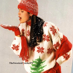 Christmas sweater knitting pattern Knit womens holiday pullover Snowflakes Tree Knitting patterns 3 Sizes XS to XL Dk 8 ply Instant Download