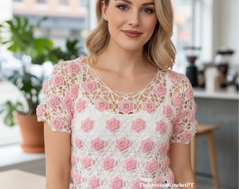 Granny square top crochet pattern  Flower top motifs sweater 3 Sizes Bust 32-42.5inThread No.10 Vintage INSTANT DOWNLOAD PDF