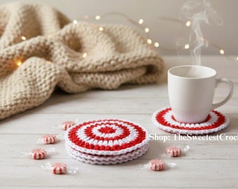 Christmas peppermint coasters crochet pattern Christmas coaster size 5.5" diameter Beginner friendly Gift idea INSTANT DOWNLOAD PDF