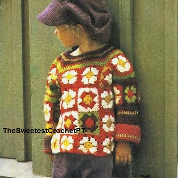 Child crochet sweater pattern Granny squares pullover - 3 to 4 years old DK 8 ply yarn Vintage from the 70s INSTANT DOWNLOAD Pdf