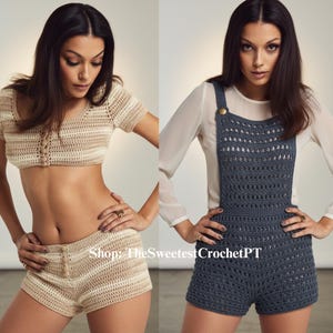 Vintage 60s Crochet crop top & shorts and Crochet bib topped shorts suit Romper pattern PDF Fingering 4 ply yarn 4 Sizes INSTANT DOWNLOAD