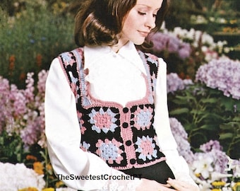INSTANT DOWNLOAD PDF U neck granny squares vest pattern Women crochet grannies waistcoat pattern Crochet patterns Vintage 70's  4 sizes