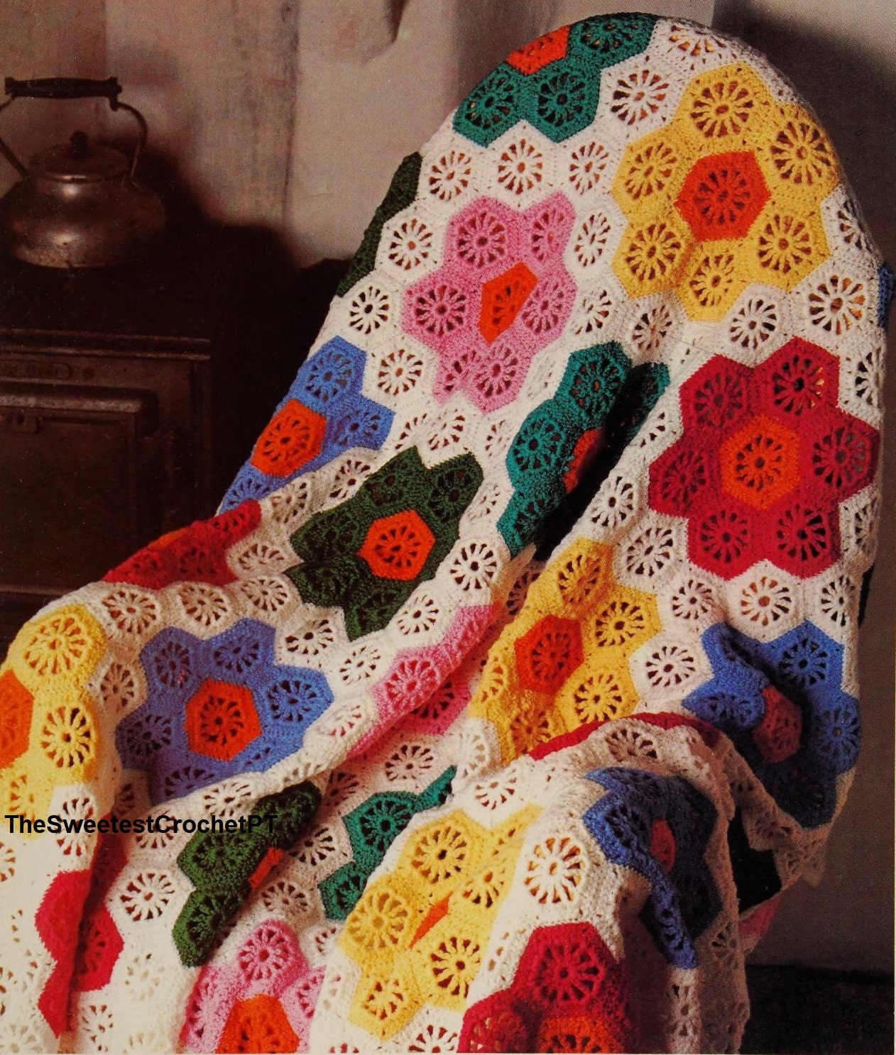 Flower Blanket Crochet Pattern Granny Hexagons Afghan Quilt Throw