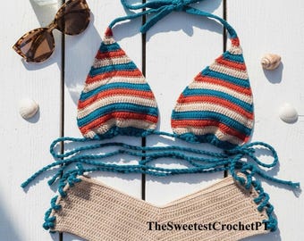 STEP BY STEP Striped crochet bikini pattern Colorful bikini Beachwear Crochet pattern 3 Sizes Fingering 4 ply yarn Instant download