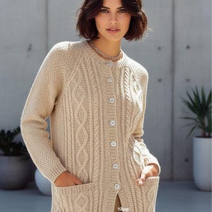 Womens aran cardigan knitting pattern Ladies cable jacket pattern Collared or Round Neck Instant download Pdf 6 sizes  Aran 10 ply yarn