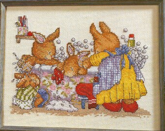 Baby bunnies bath time cross stitch pattern Baby shower gift Embroidery xstitch Needlepoint Home decor Vintage INSTANT DOWNLOAD PDF