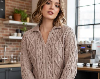 Women round neck aran Cardigan knitting pattern Ladies cable jacket pattern INSTANT DOWNLOAD PDF 6 sizes Worsted 10 ply yarn