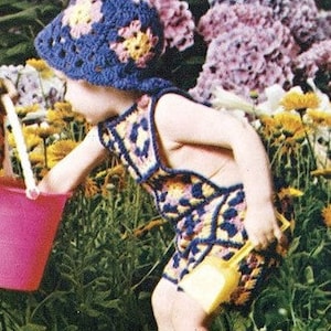 Child sunsuit crochet pattern Boy or girl granny squares playsuit pattern Jumper Overalls and Hat Vintage 70&#39;s 3 Sizes INSTANT DOWNLOAD PDF
