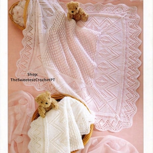 Baby shawl knitting pattern PDF Christening blanket 2 Sizes 3-4 ply yarn Vintage 90s Heirloom wrap Instant download gift DIGITAL