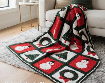 Christmas blanket crochet pattern Holidays Tree Wreath Snowman Afghan Throw Xmas Home decor Worsted yarn Vintage 80s INSTANT DOWNLOAD PDF