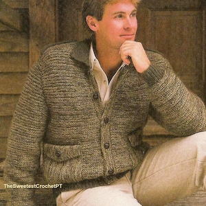 Mens jacket crochet pattern Man pockets coat sweater pullover 3 sizes Chest 36-46 inches Vintage 80s INSTANT DOWNLOAD PDF