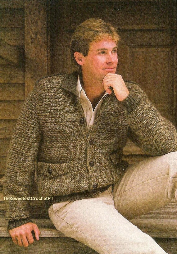 Chaqueta para hombre patron de crochet Hombre bolsillos abrigo sueter jersey 3 tamanos Pecho 36 46 pulgadas Vintage 80s DESCARGA INSTANTE PDF