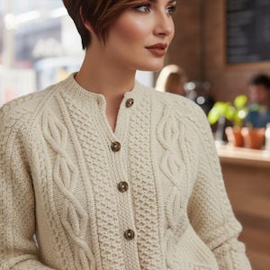 Women round neck aran Cardigan knitting pattern Ladies cable cardigan pattern Instant download Pdf 4 sizes  Bust: 34-40" Aran 10 ply yarn