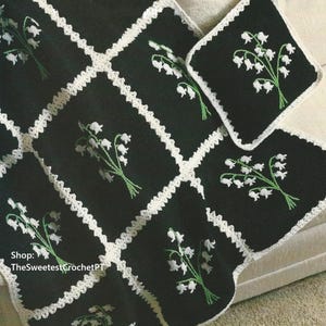 Lily of the valley afghan & pillow Crochet pattern 45x60&quot; Worsted yarn PDF Vintage Embroidery motifs Easy beginner gift INSTANT DOWNLOAD Pdf