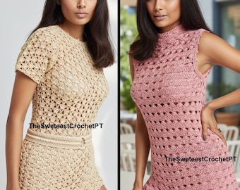May include: Two crochet rompers featuring intricate openwork patterns. The first is a beige short-sleeved romper with a matching belt. The second is a dusty pink sleeveless romper with a high neckline. Both garments feature the text TheSweteestCrochetPT.