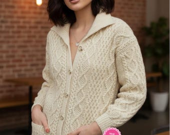Women round neck aran cardigan knitting pattern Cable knit jacket 5 sizes 32-41" bust DK 8 ply yarn Vintage knit pattern PDF DOWNLOAD