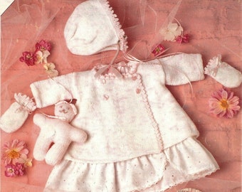 INSTANT DOWNLOAD PDF Premature Baby girl & boy set knitting pattern Matinnee coat Cardigan Bonnet Botties Mittens Teddy Vintage pattern