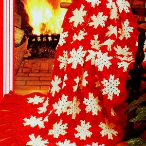 Christmas blanket crochet pattern Red snowflake afghan Throw Xmas gift Home decor DIY Worsted yarn Vintage 80s INSTANT DOWNLOAD pdf