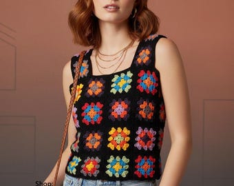 Granny squares jacket and crochet top pattern Women twin set Vintage crochet patterns 70's Sizes:M-L Sports weight yarn Instant download PDF
