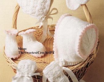 2 Baby accessories Knitting patterns Bonnet Mitts and Booties Birth–6 Months DK yarn Handmade baby gift INSTANT DOWNLOAD Pdf Digital
