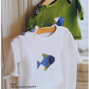 Child&#39;s fish sweater knitting pattern Cute intarsia design Button shoulder Easy knit Baby and toddler Sizes 3-24M PDF DOWNLOAD