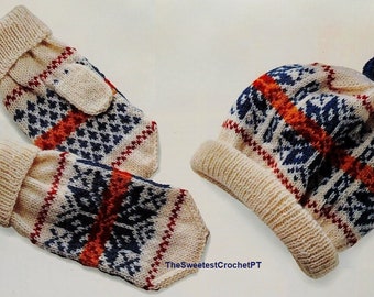 Chunky knit beanie & mittens in Fair Isle Winter in Vermont Hat, Viral Mittens Beanie, Fair Isle Knit  main image 2