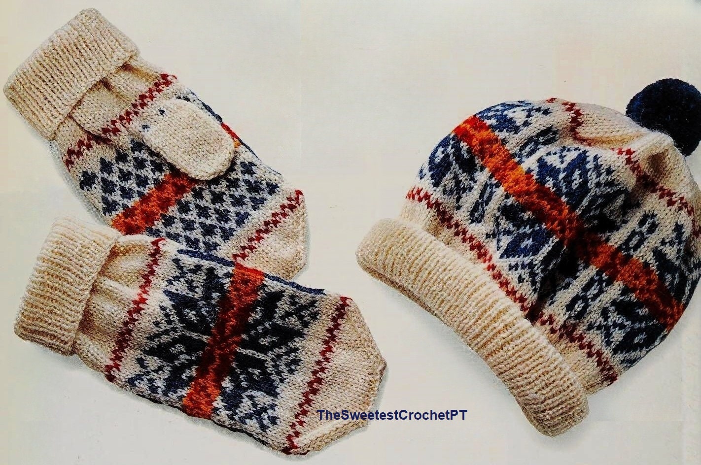 Handmade Wool Knit Beanie Hat Pom Pom Fair Isle Pattern Cream Red Blue Yellow Color work knitting hat with 100% wool main image 4