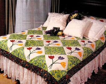 Tulips bed quilt sewing pattern Spring floral quilt Appliqué patchwork Pdf DIY Quilt pattern INSTANT DOWNLOAD Vintage pattern