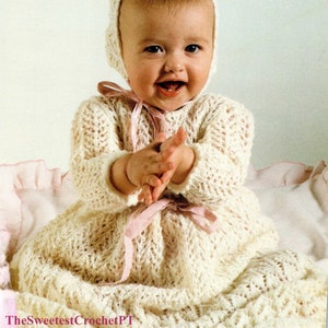 CHRISTENING GOWN Set Baby christening gown dress and bonnet knitting pattern Lacy heirloom baptism dress 3-12 months Fingering yarn DIGITAL