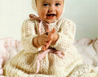 CHRISTENING GOWN Set Baby christening gown dress and bonnet knitting pattern Lacy heirloom baptism dress 3-12 months Fingering yarn DIGITAL