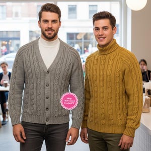 V neck aran Cardigan and Turtle neck Sweater Men knitting pattern Cable pullover Sizes 30-44 Worsted 10 ply yarn Vintage INSTAN DOWNLOAD PDF
