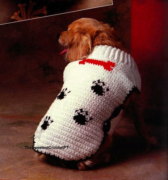 Paws and bone Dog sweater crochet pattern  + 1 GIFT, Dog coat Crochet pattern Vintage 90's  2 sizes Worsted yarn INSTANT DOWNLOAD Pdf