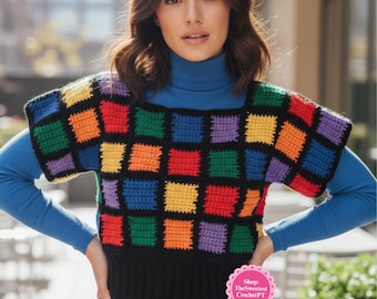 Vintage 70s patchwork Crochet sweater pattern Crochet top patterns Sizes S-L Worsted 10 ply yarn INSTANT DOWNLOAD Pdf