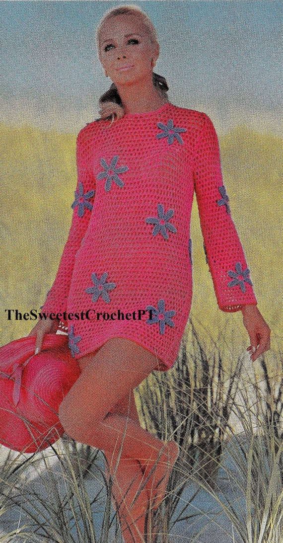 Womens crochet dress pattern Mesh dress Beachwear Flower Summer dress  Vintage 70's Sizes Sport yarn INSTANT DOWNLOAD PDF